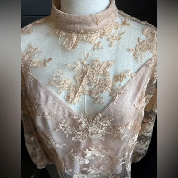 Peach Elegant Lace Embroidered Top Size XL Back Zipper Cottagecore Feminine - Picture 4 of 11